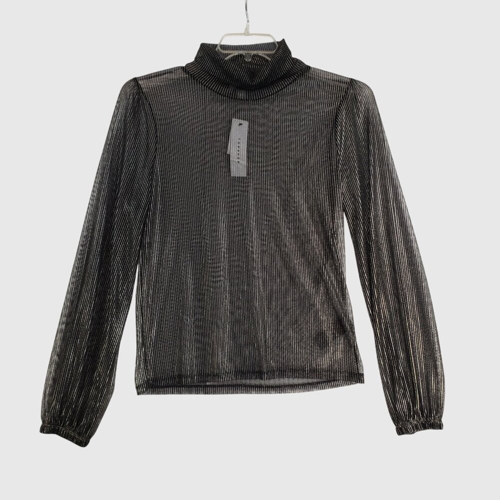 Topshop Black Metallic Sheer Long Sleeve Turtleneck Blouse Womens Size 12